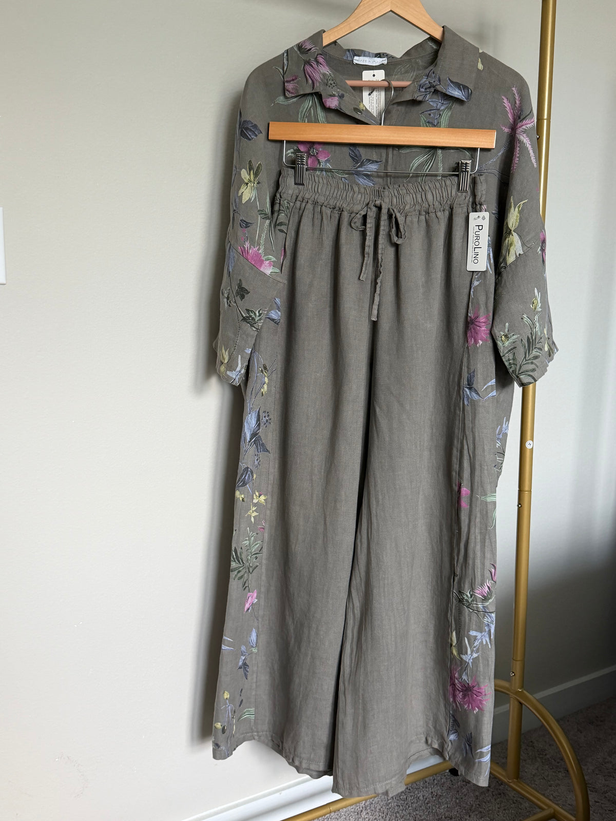 Made in Italy 100% Linen Floral Button-Up Shirt & Pants Set
