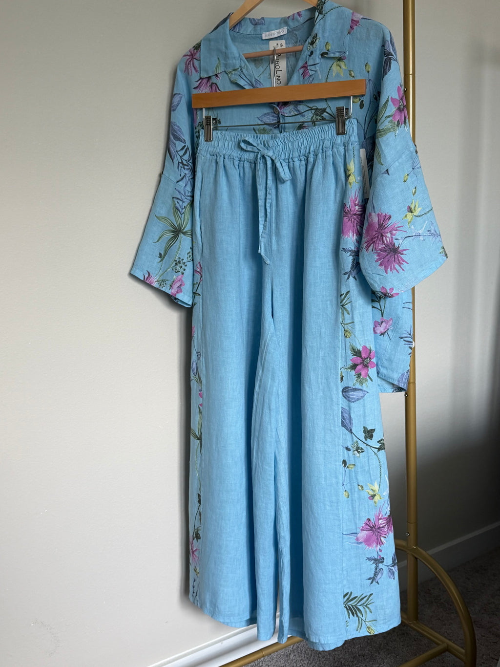 Made in Italy 100% Linen Floral Button-Up Shirt & Pants Set