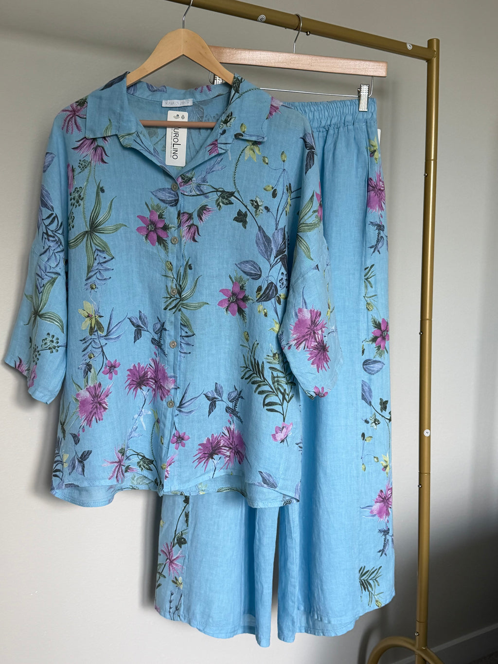 Made in Italy 100% Linen Floral Button-Up Shirt & Pants Set
