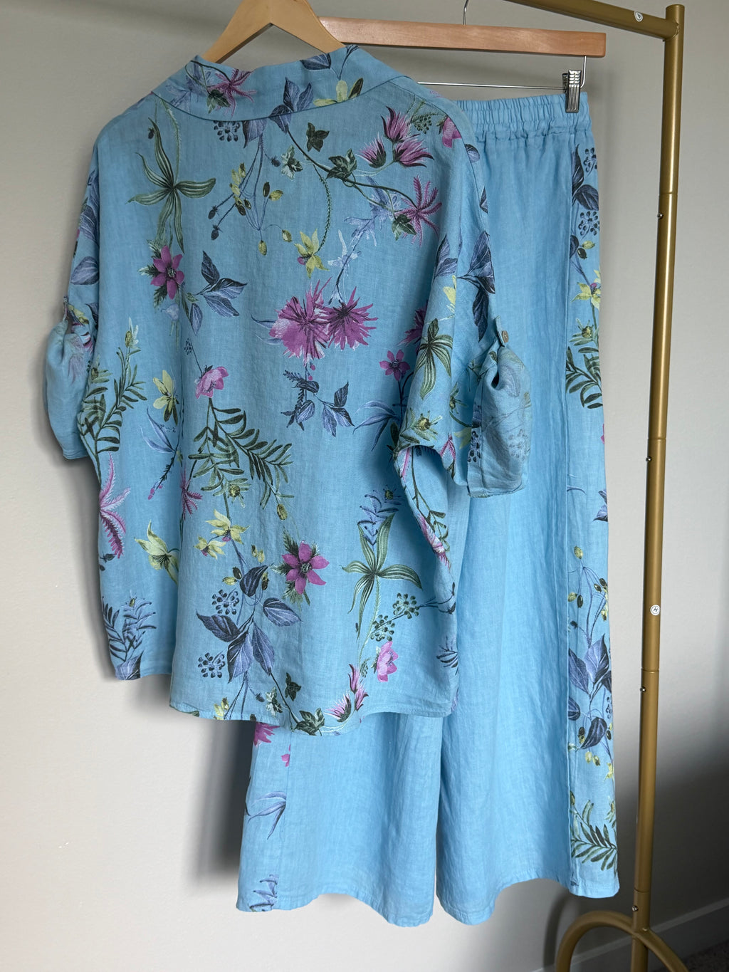 Made in Italy 100% Linen Floral Button-Up Shirt & Pants Set