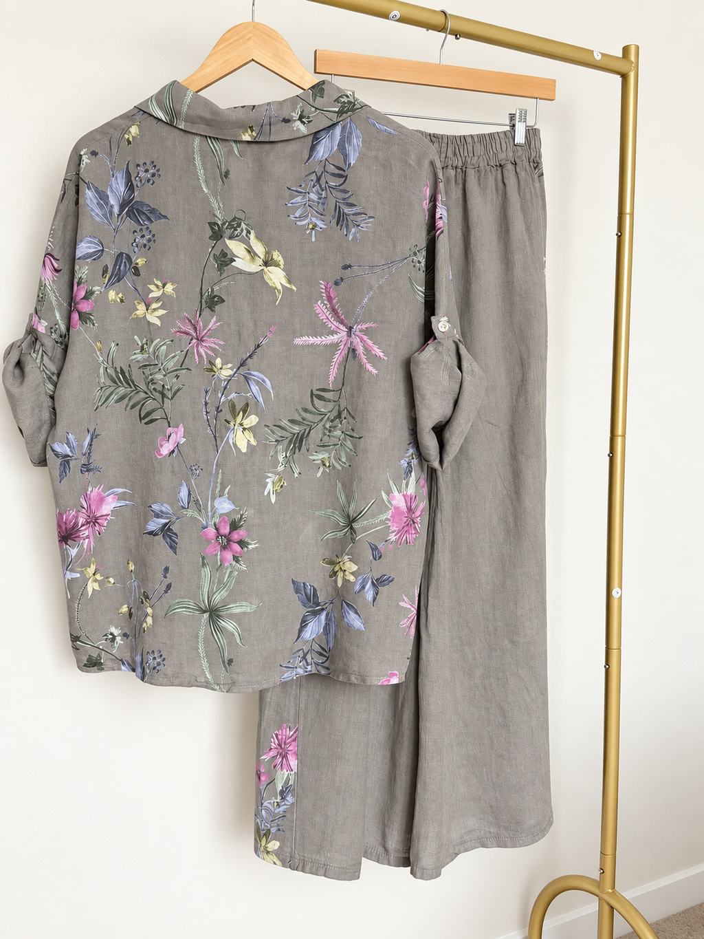 Made in Italy 100% Linen Floral Button-Up Shirt & Pants Set