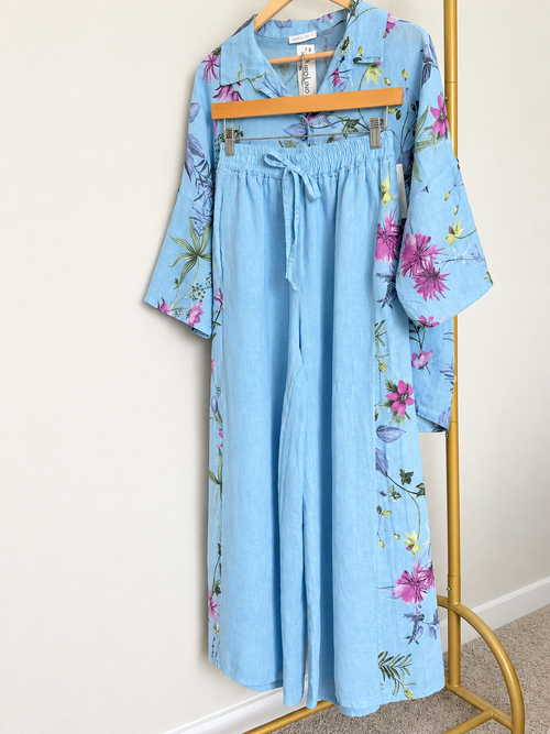 Made in Italy 100% Linen Floral Button-Up Shirt & Pants Set