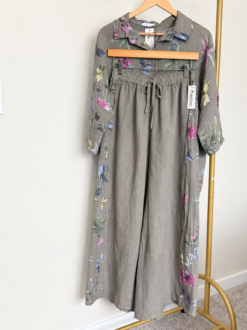 Made in Italy 100% Linen Floral Button-Up Shirt & Pants Set