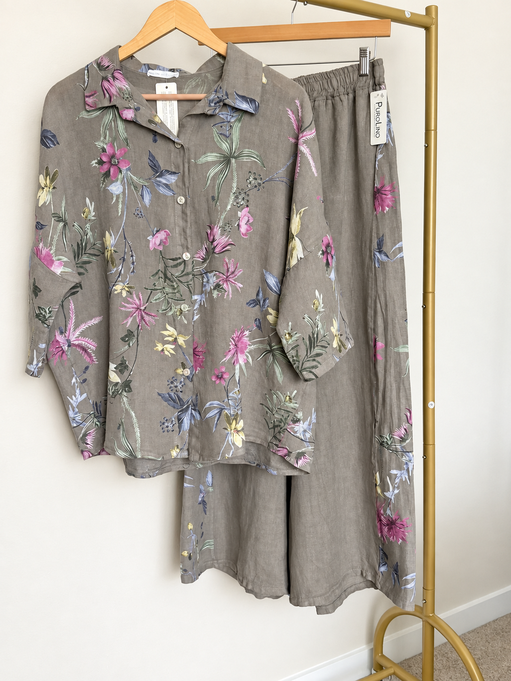Made in Italy 100% Linen Floral Button-Up Shirt & Pants Set