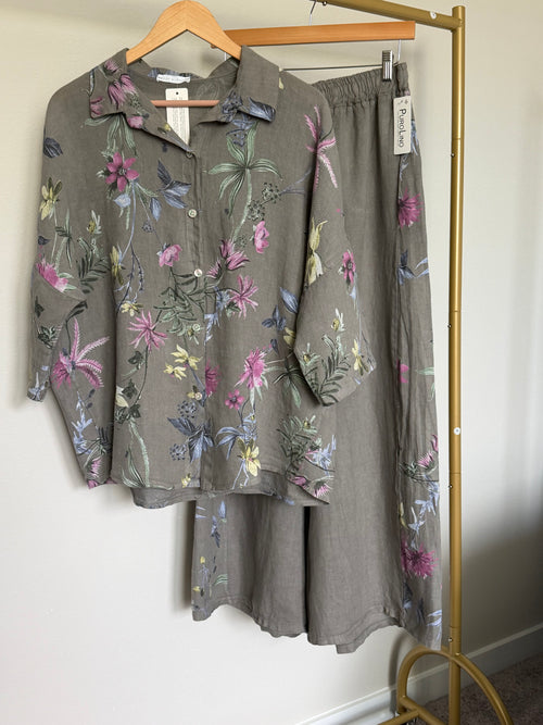 Made in Italy 100% Linen Floral Button-Up Shirt & Pants Set