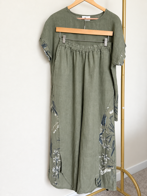 Made in Italy 100% Linen Botanical Print Top & Pants Set